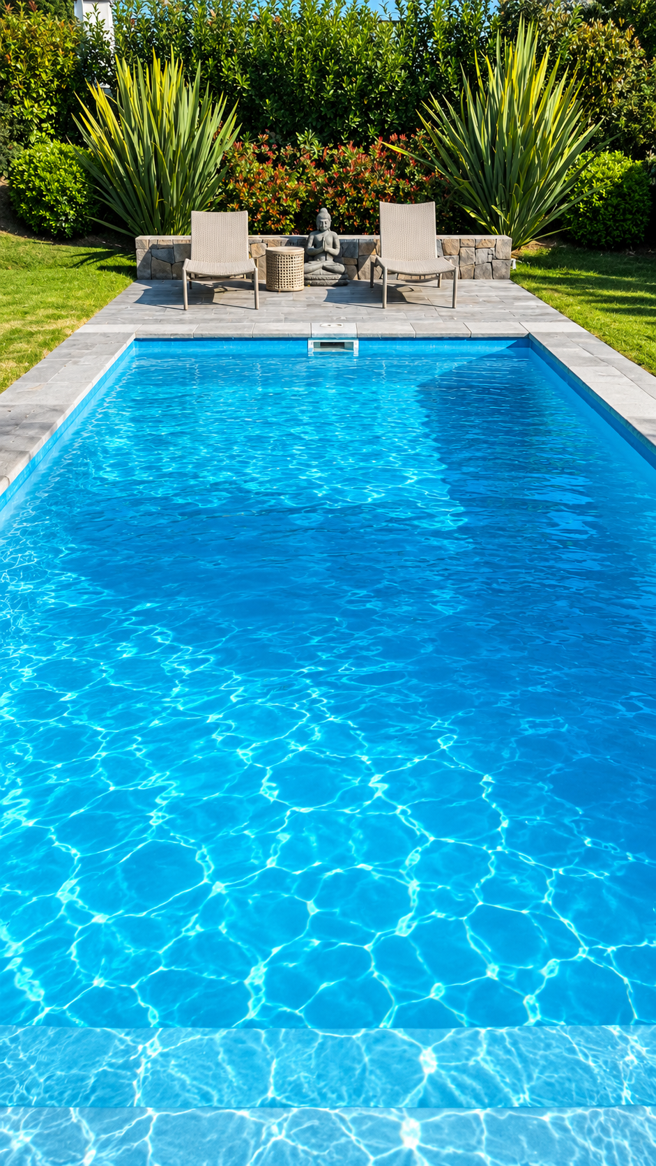Piscina con agua cristalina y reposeras en un jardín